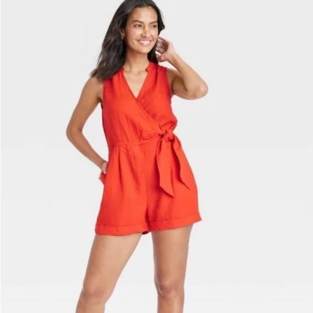 A New Day • Coral Red Linen Blend Jumpsuit